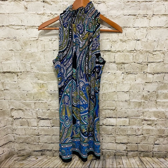 NEW Signature Robbie Bee Blue Green Paisley Smocked High Neck Shift Dress - Picture 3 of 5